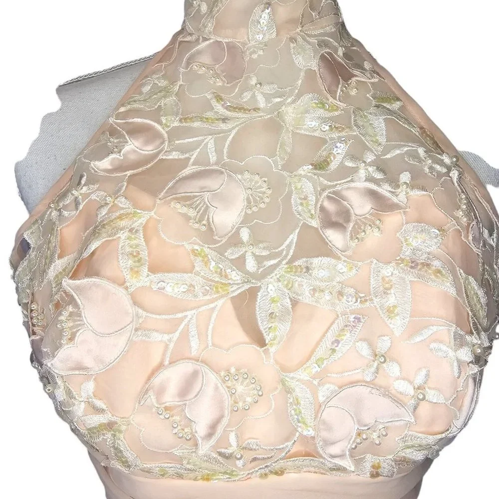 80s Vintage XS Light Pink Chiffon Flowy‎ Pearl Beaded High Low Halter Formal